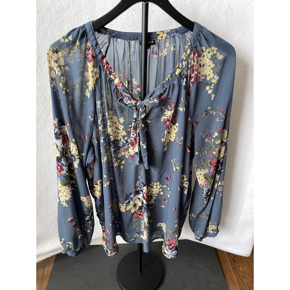 Torrid Blue Floral Georgette Tie Neck Blouse Long Sleeve Plus Size 2 2X